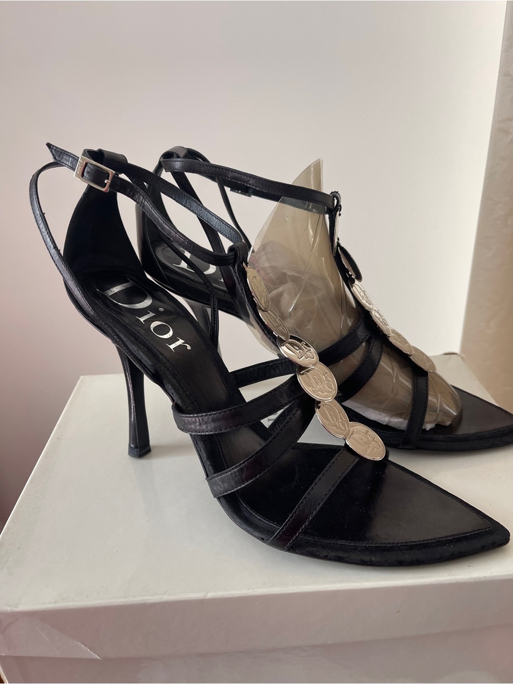 Dior Black Strappy High Heel Sandals with Gold Coin Accents